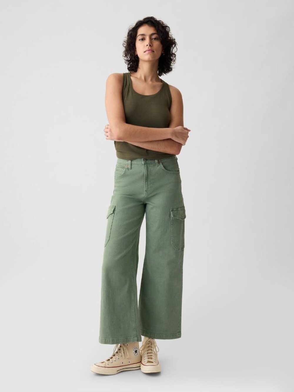 Gap High Rise Stride Ankle Wide Leg Cargo Sage Green Jeans